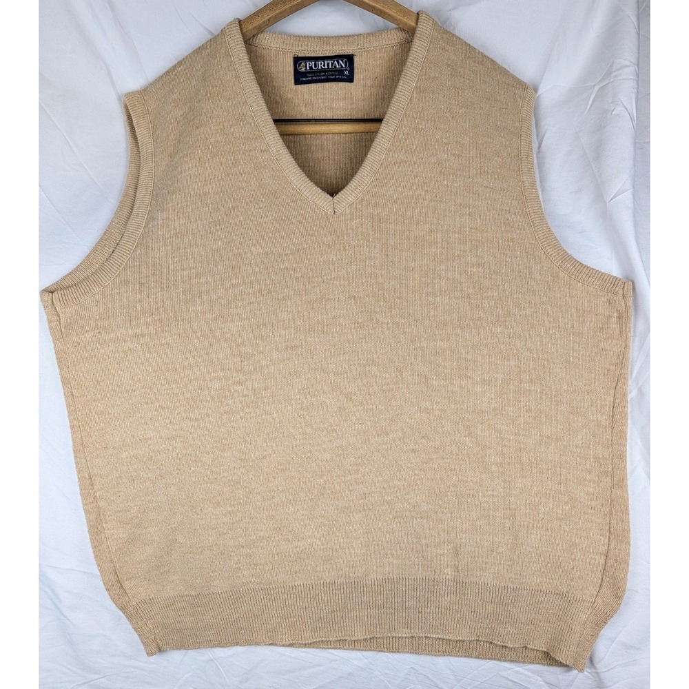 Puritan Vintage Mens XL Tan V-Neck Sweater Vest Orlon Acrylic Made in USA